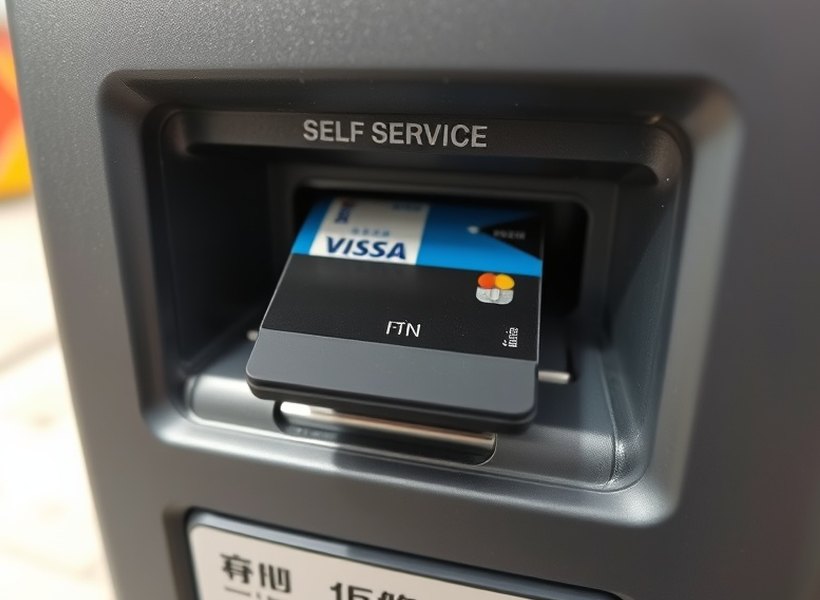 点検前 — カードリーダーの上に不審な部品が取り付けられた端末の前面。